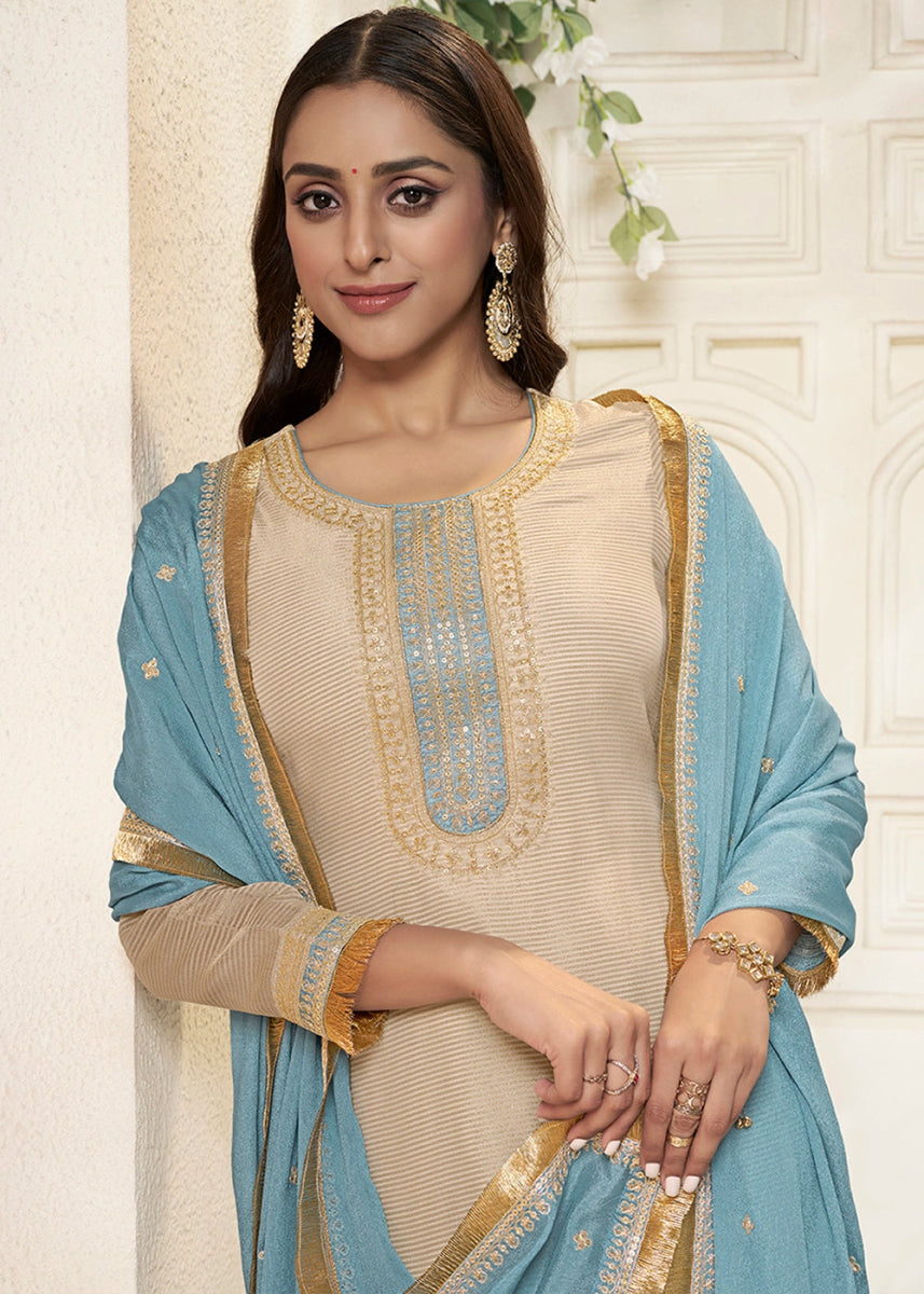 Off White & Blue Tissue Suit Adorned with Sequins Embroidery - House of Sarvati LLC