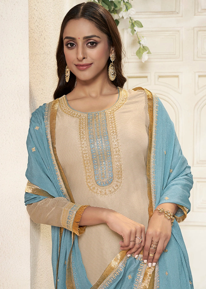 Off White & Blue Tissue Suit Adorned with Sequins Embroidery - House of Sarvati LLC