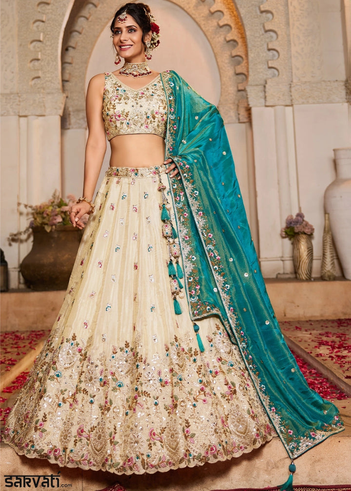 Off White Embroidered Tissue Lehenga Choli with Beads & Stones Detailing - House of Sarvati LLC