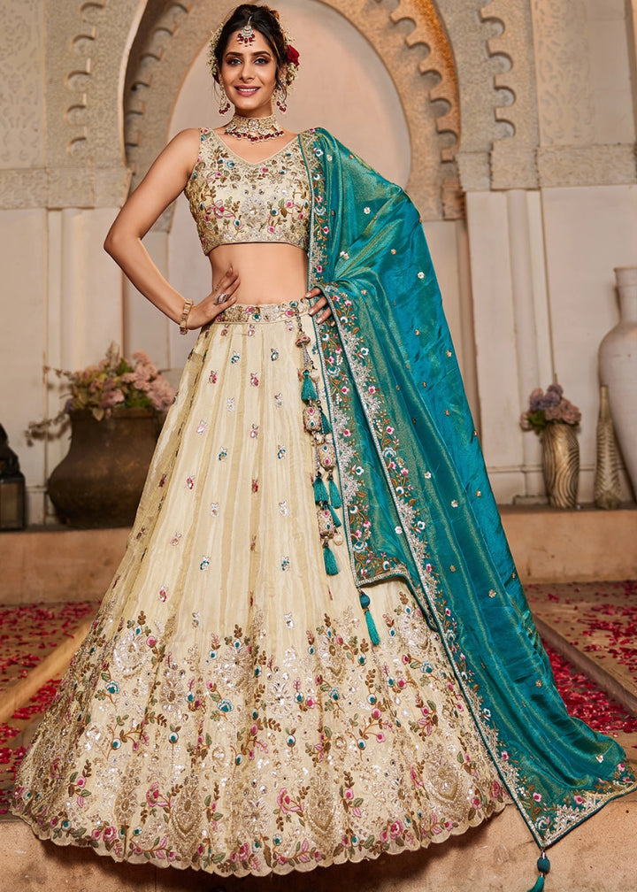 Off White Embroidered Tissue Lehenga Choli with Beads & Stones Detailing - House of Sarvati LLC