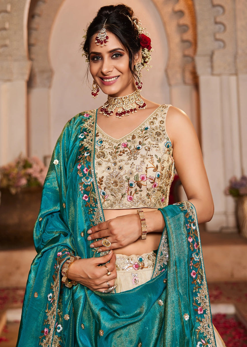Off White Embroidered Tissue Lehenga Choli with Beads & Stones Detailing - House of Sarvati LLC