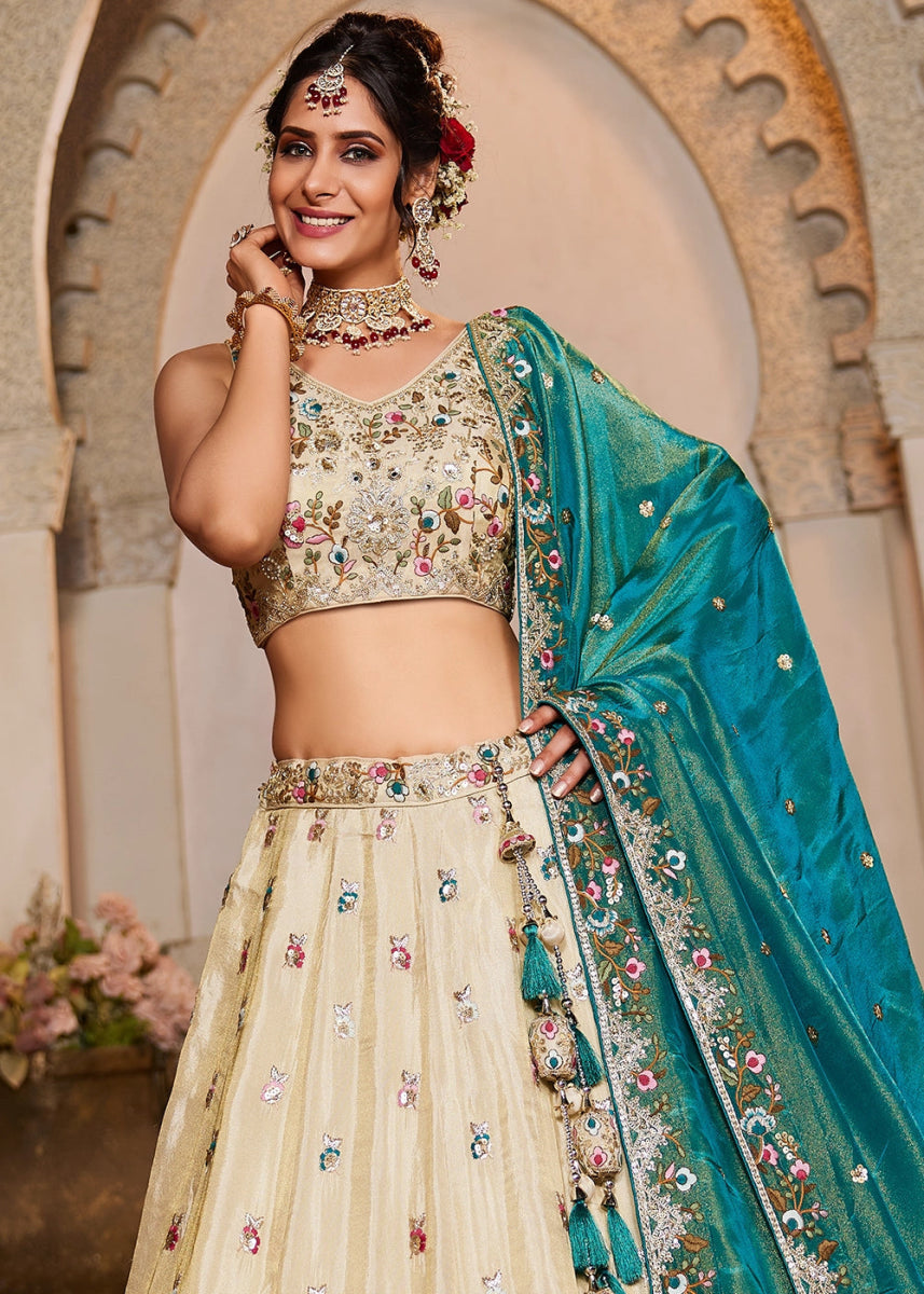 Off White Embroidered Tissue Lehenga Choli with Beads & Stones Detailing - House of Sarvati LLC