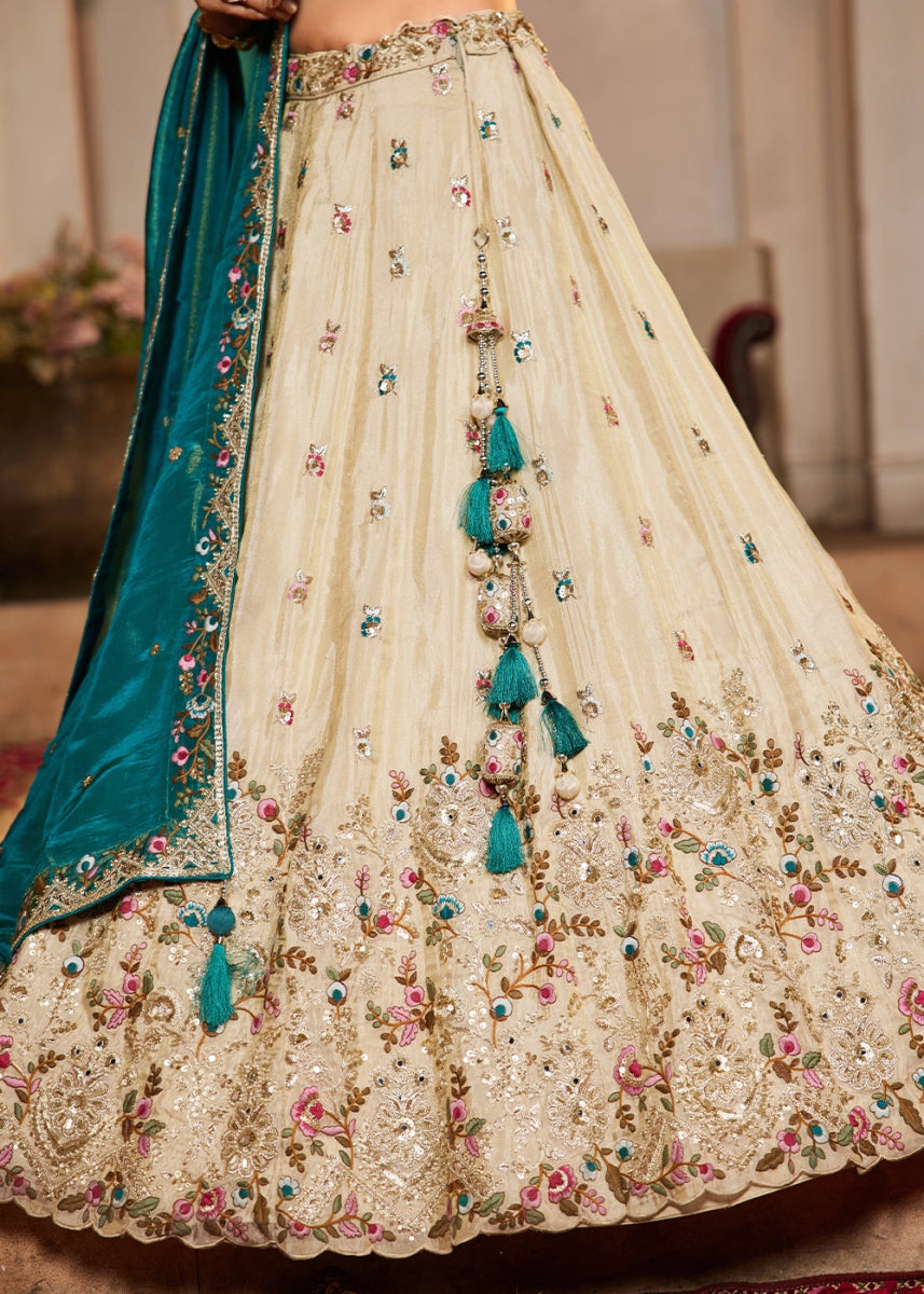 Off White Embroidered Tissue Lehenga Choli with Beads & Stones Detailing - House of Sarvati LLC