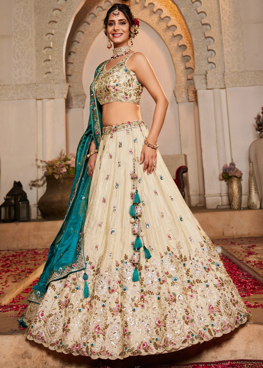 Off White Embroidered Tissue Lehenga Choli with Beads & Stones Detailing - House of Sarvati LLC