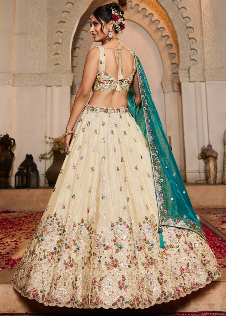 Off White Embroidered Tissue Lehenga Choli with Beads & Stones Detailing - House of Sarvati LLC