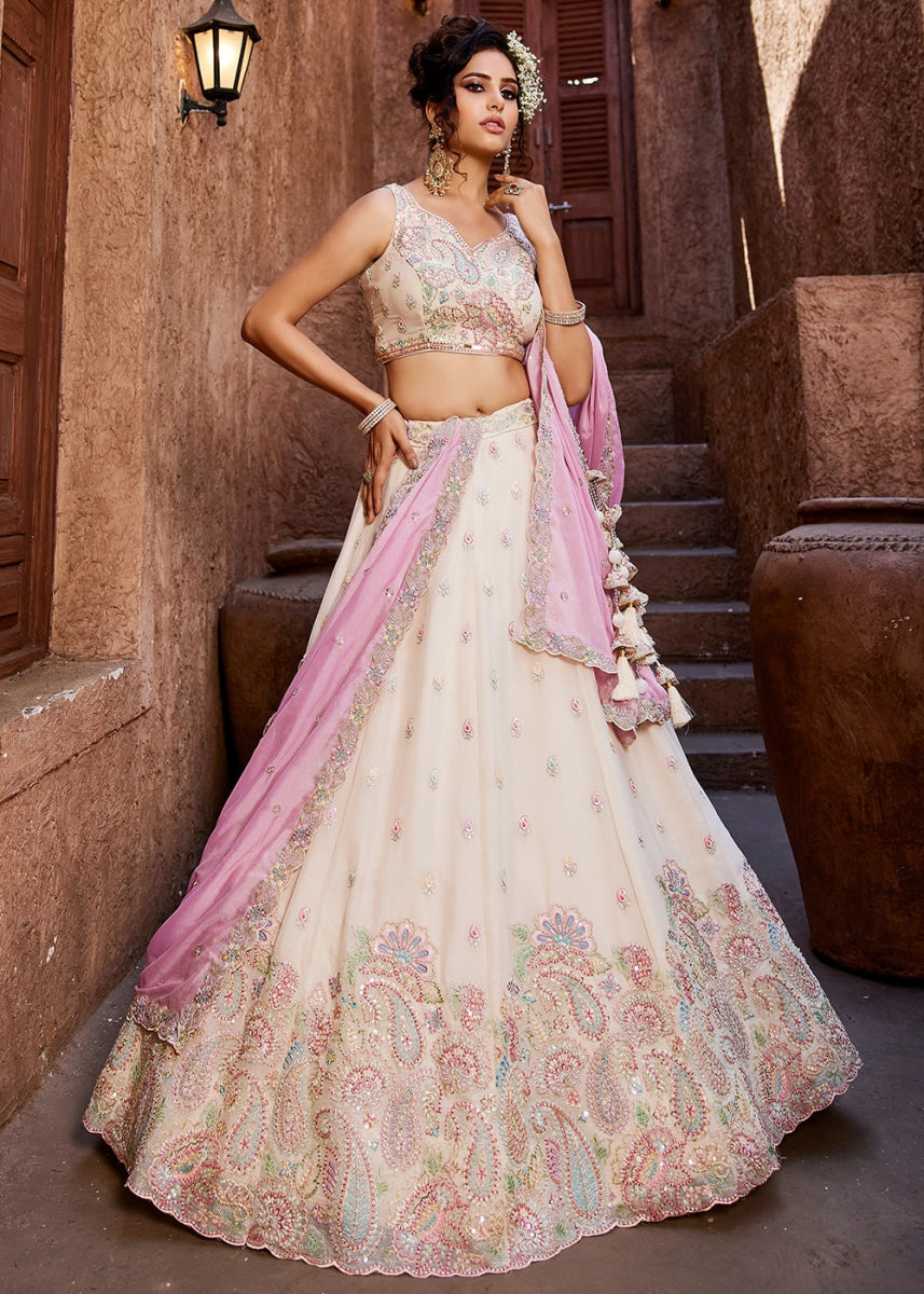 Off White Georgette Lehenga Choli with Floral Sequin Detailing - House of Sarvati LLC
