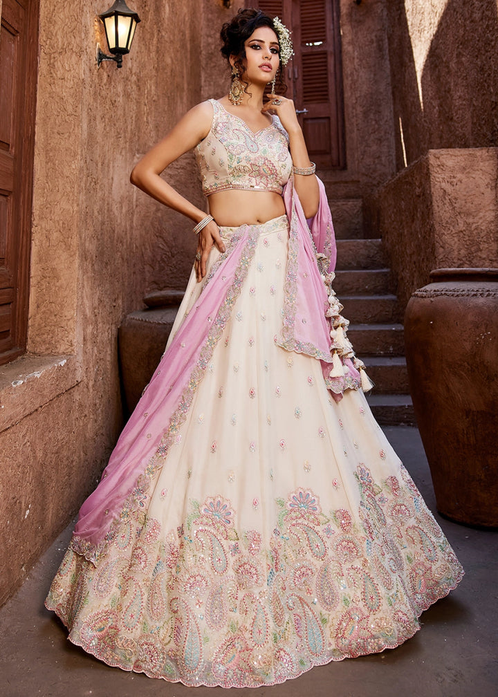 Off White Georgette Lehenga Choli with Floral Sequin Detailing - House of Sarvati LLC