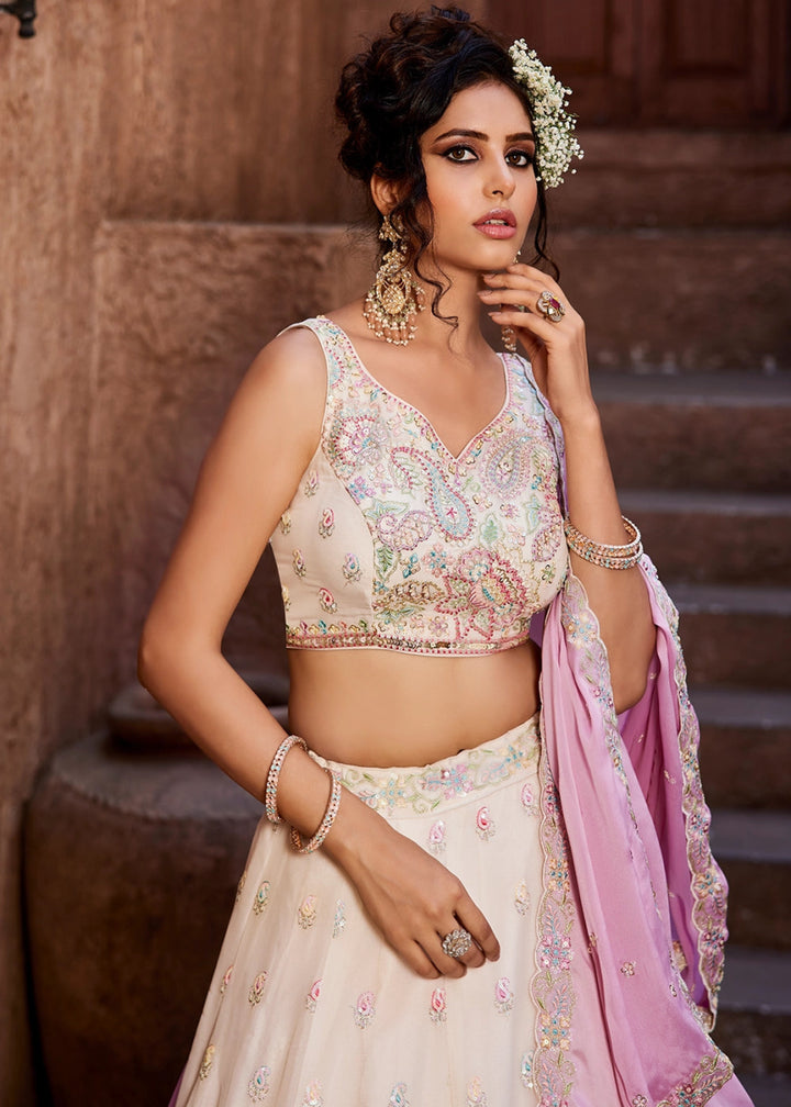 Off White Georgette Lehenga Choli with Floral Sequin Detailing - House of Sarvati LLC