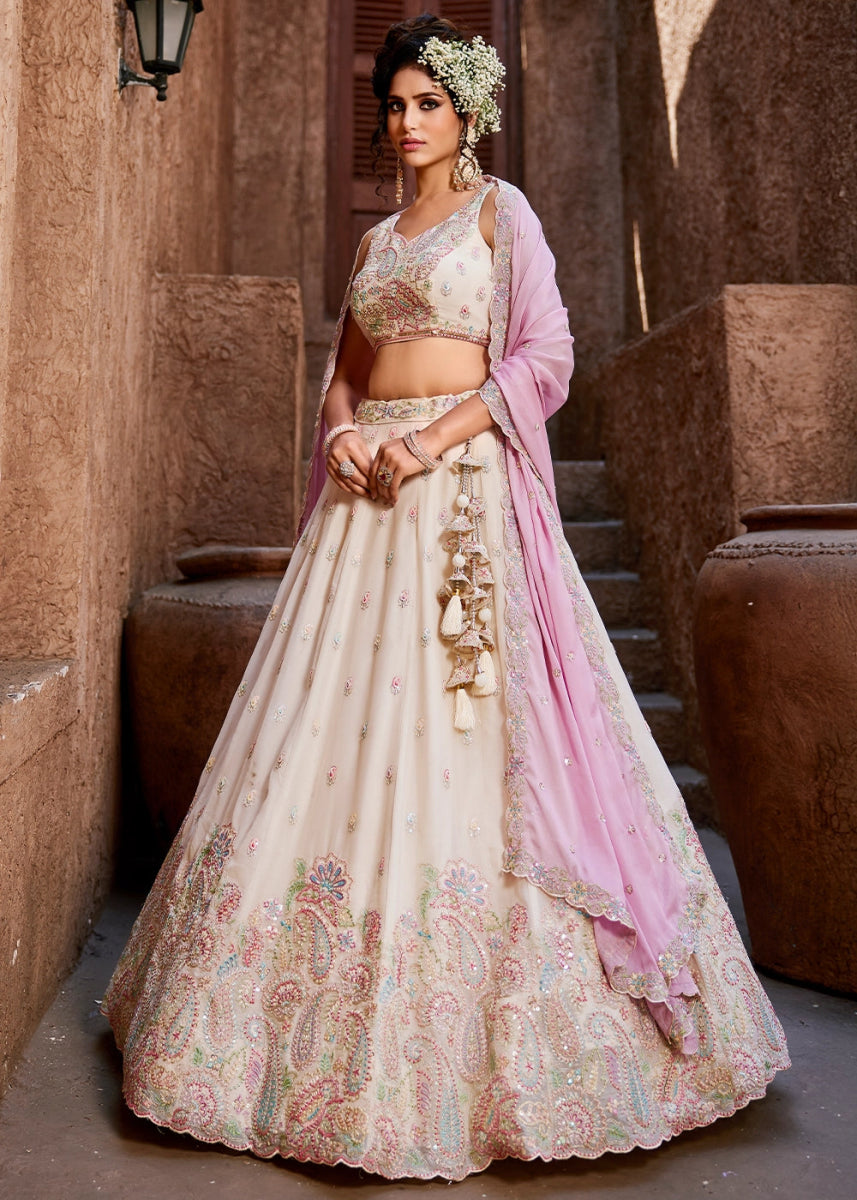 Off White Georgette Lehenga Choli with Floral Sequin Detailing - House of Sarvati LLC