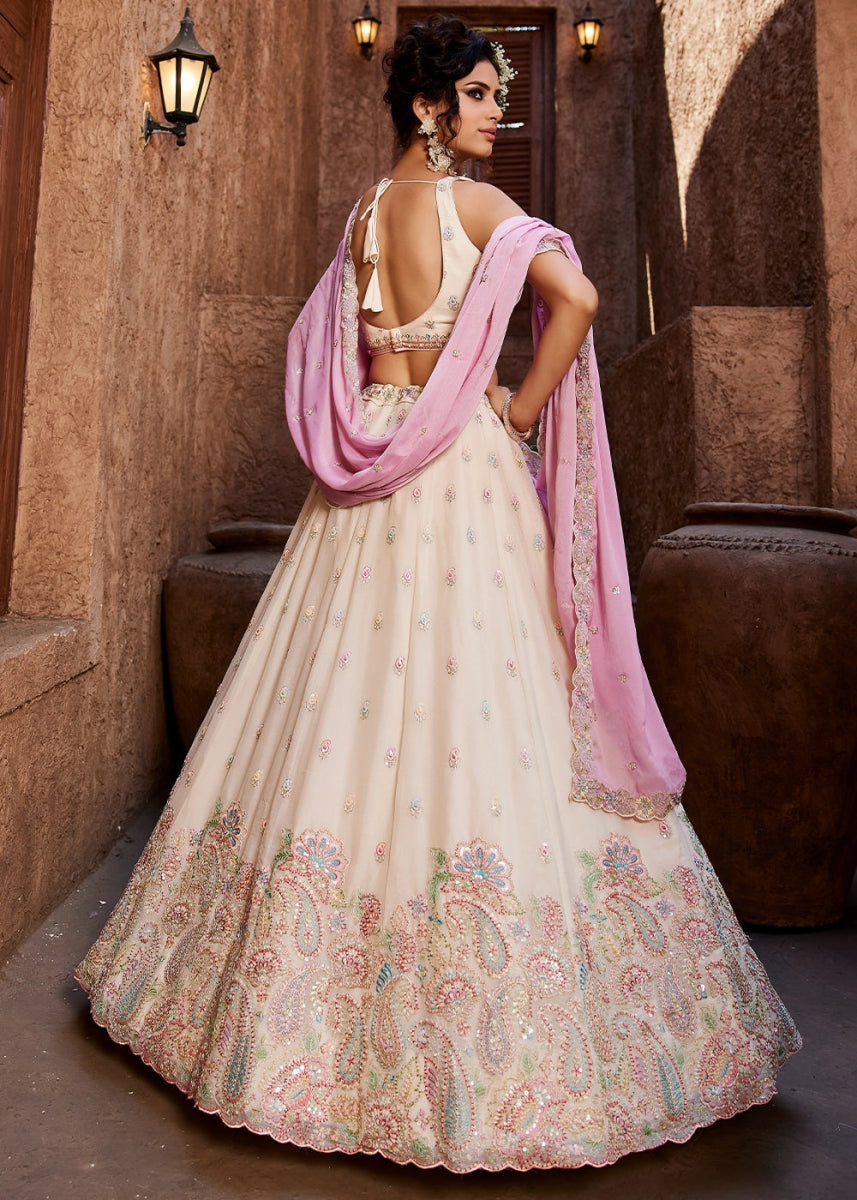 Off White Georgette Lehenga Choli with Floral Sequin Detailing - House of Sarvati LLC
