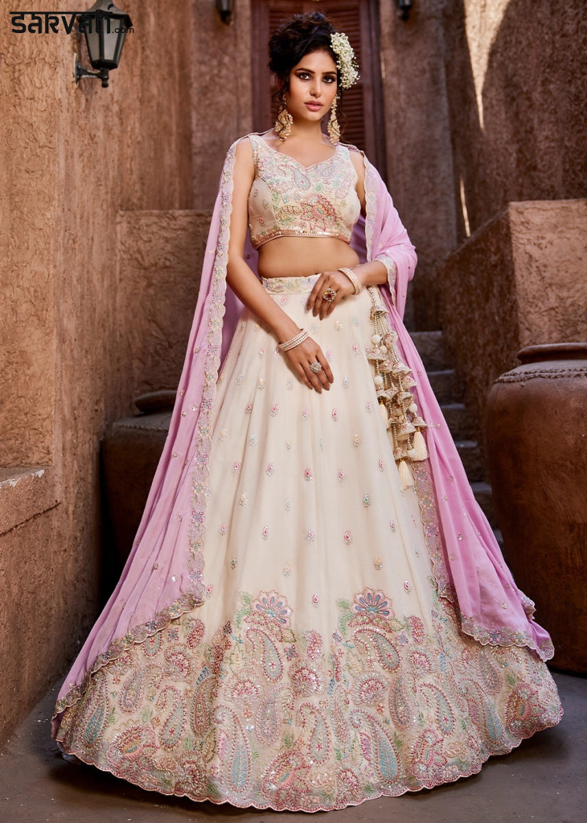 Off White Georgette Lehenga Choli with Floral Sequin Detailing - House of Sarvati LLC