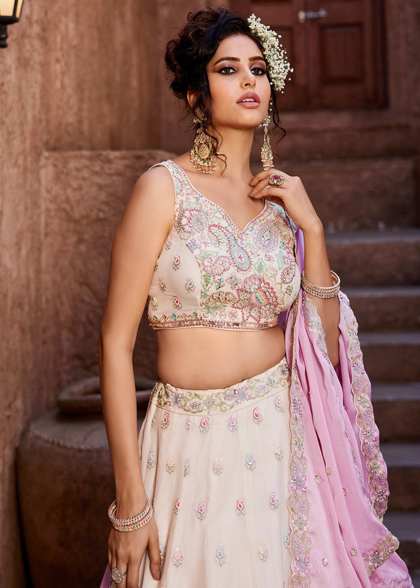 Off White Georgette Lehenga Choli with Floral Sequin Detailing - House of Sarvati LLC