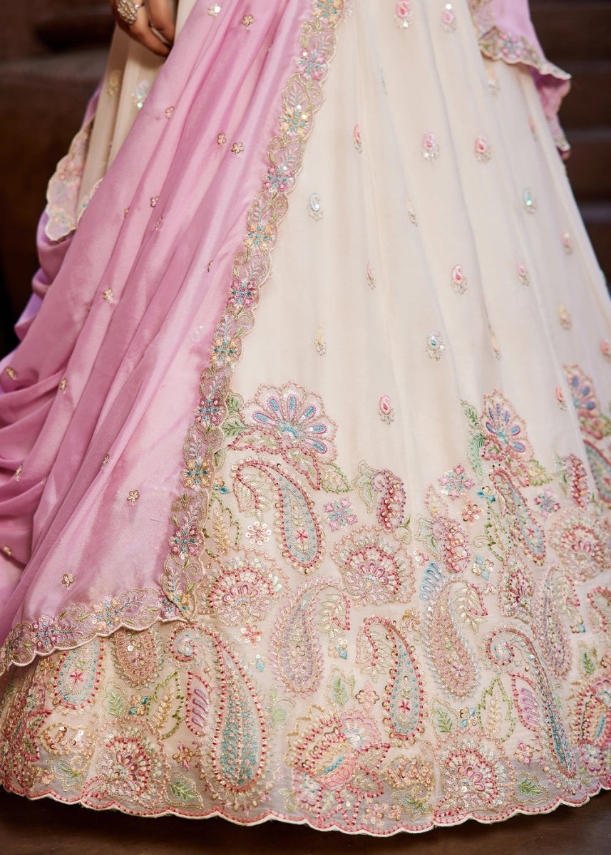Off White Georgette Lehenga Choli with Floral Sequin Detailing - House of Sarvati LLC