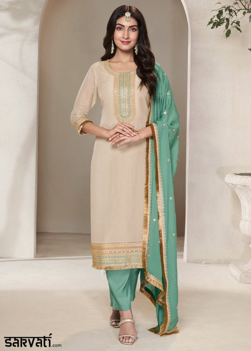 Off White & Green Tissue Suit Adorned with Sequins Embroidery - House of Sarvati LLC