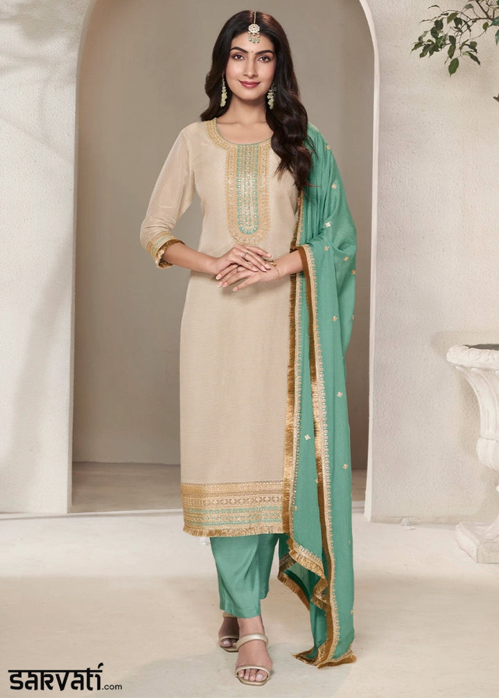 Off White & Green Tissue Suit Adorned with Sequins Embroidery - House of Sarvati LLC