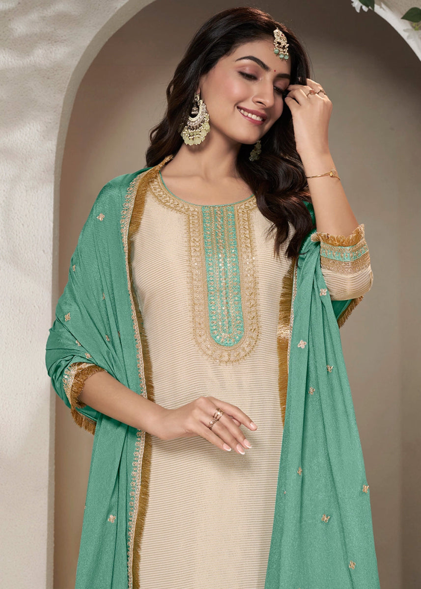 Off White & Green Tissue Suit Adorned with Sequins Embroidery - House of Sarvati LLC