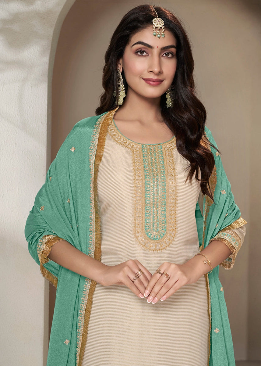 Off White & Green Tissue Suit Adorned with Sequins Embroidery - House of Sarvati LLC