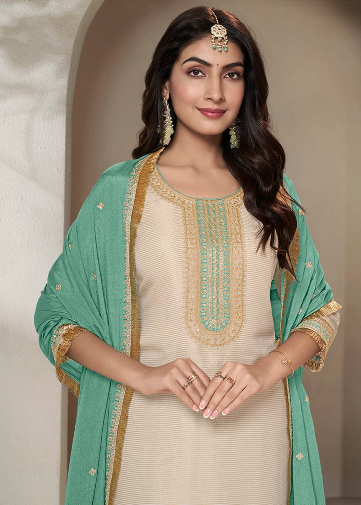 Off White & Green Tissue Suit Adorned with Sequins Embroidery - House of Sarvati LLC