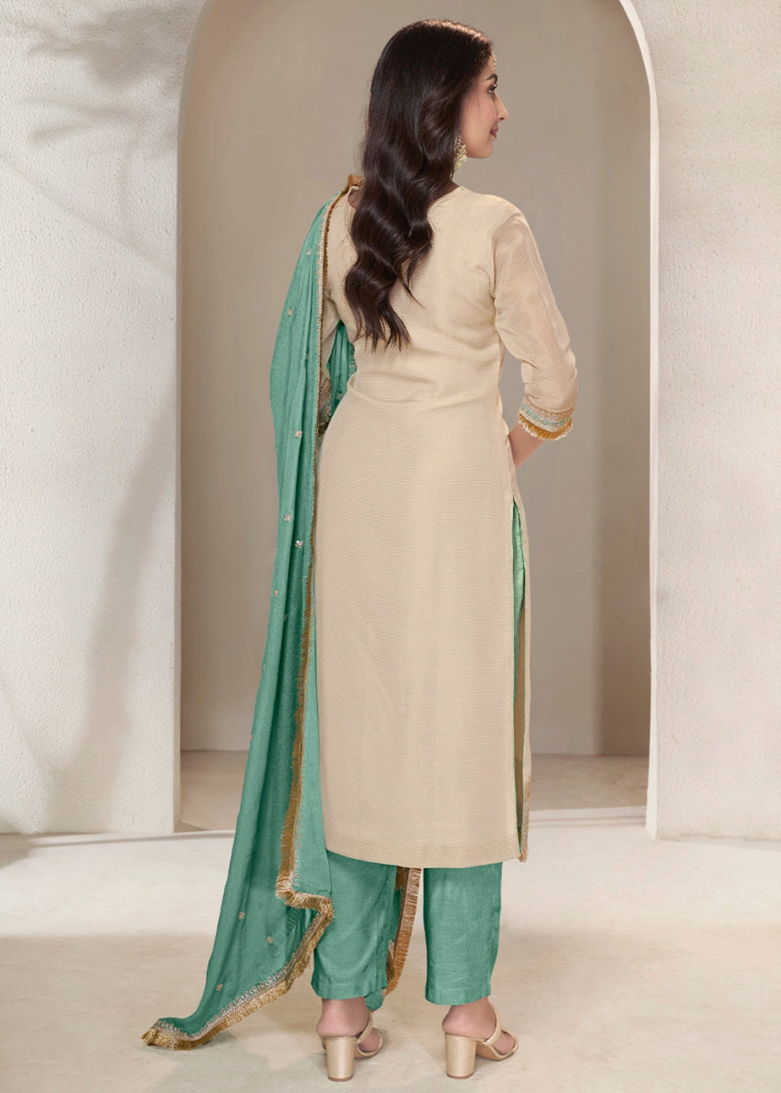 Off White & Green Tissue Suit Adorned with Sequins Embroidery - House of Sarvati LLC