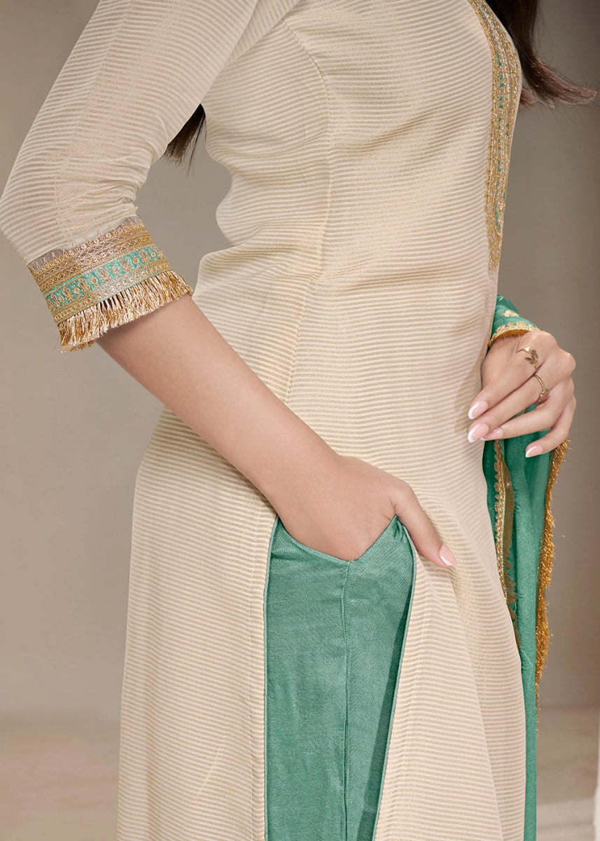 Off White & Green Tissue Suit Adorned with Sequins Embroidery - House of Sarvati LLC