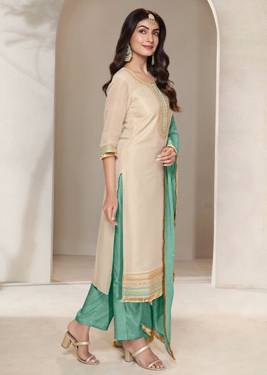 Off White & Green Tissue Suit Adorned with Sequins Embroidery - House of Sarvati LLC