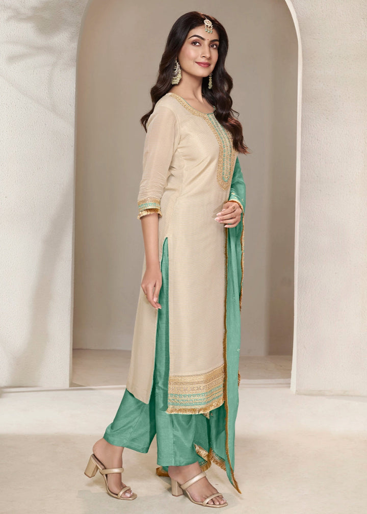 Off White & Green Tissue Suit Adorned with Sequins Embroidery - House of Sarvati LLC