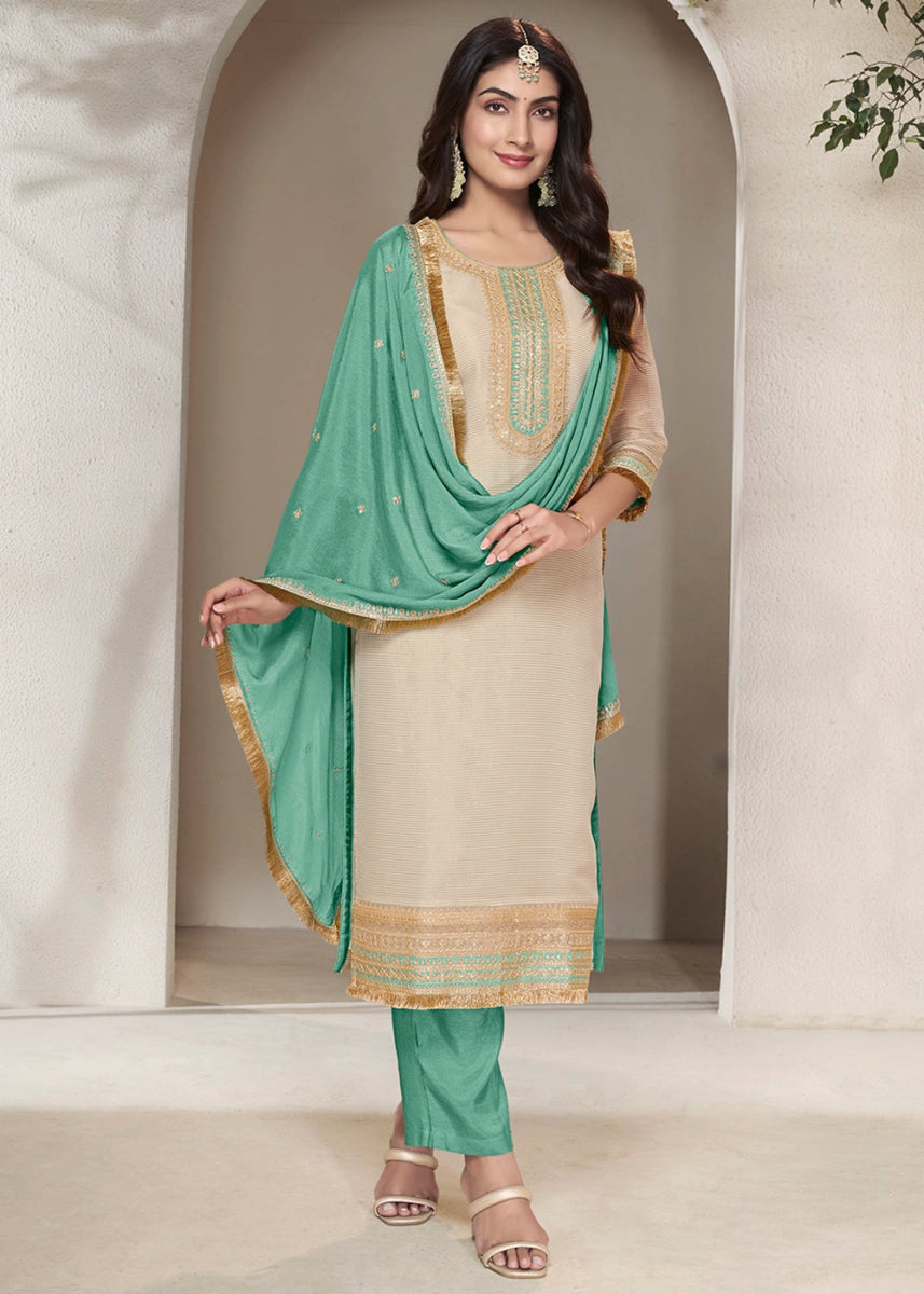 Off White & Green Tissue Suit Adorned with Sequins Embroidery - House of Sarvati LLC
