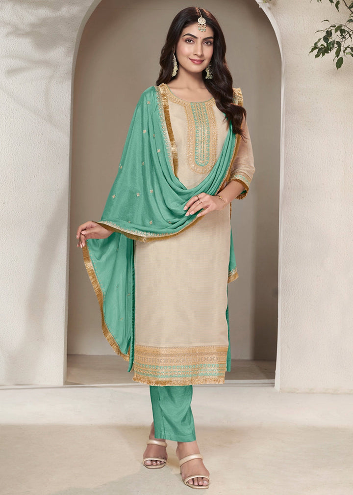 Off White & Green Tissue Suit Adorned with Sequins Embroidery - House of Sarvati LLC