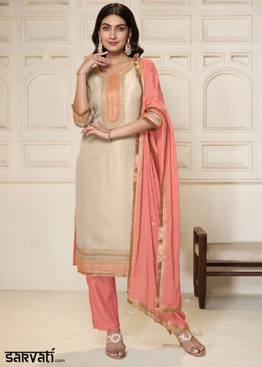 Off White & Pink Tissue Suit Adorned with Sequins Embroidery - House of Sarvati LLC
