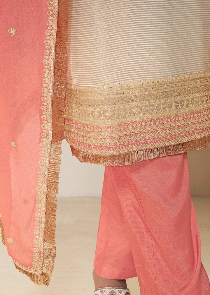 Off White & Pink Tissue Suit Adorned with Sequins Embroidery - House of Sarvati LLC