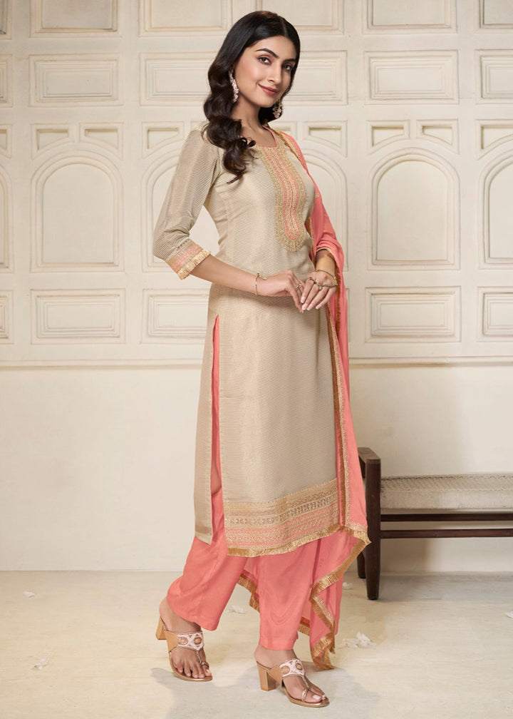 Off White & Pink Tissue Suit Adorned with Sequins Embroidery - House of Sarvati LLC