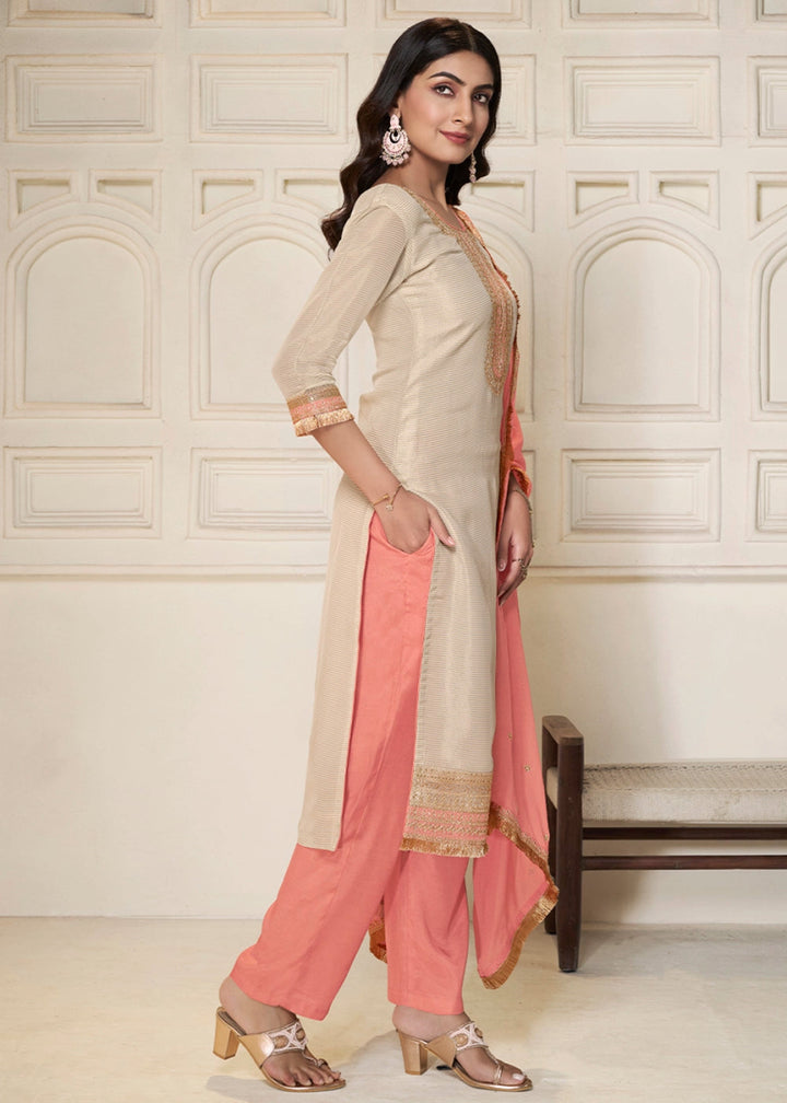Off White & Pink Tissue Suit Adorned with Sequins Embroidery - House of Sarvati LLC