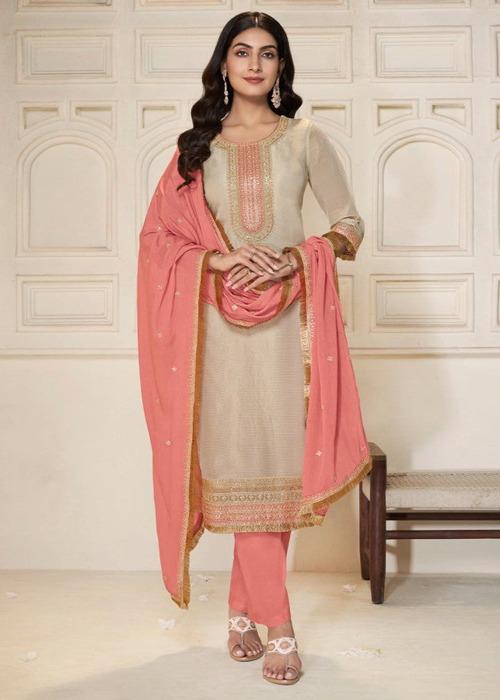 Off White & Pink Tissue Suit Adorned with Sequins Embroidery - House of Sarvati LLC