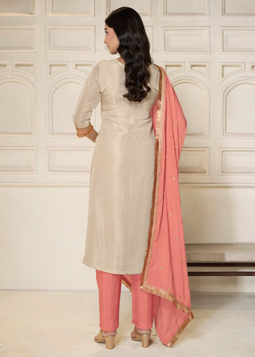Off White & Pink Tissue Suit Adorned with Sequins Embroidery - House of Sarvati LLC