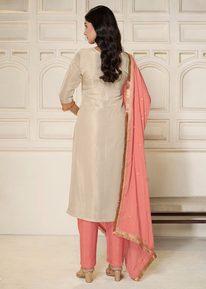Off White & Pink Tissue Suit Adorned with Sequins Embroidery - House of Sarvati LLC