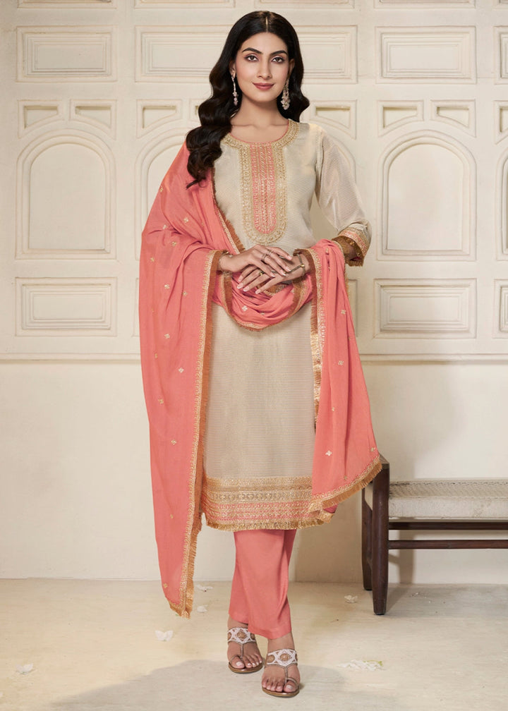 Off White & Pink Tissue Suit Adorned with Sequins Embroidery - House of Sarvati LLC