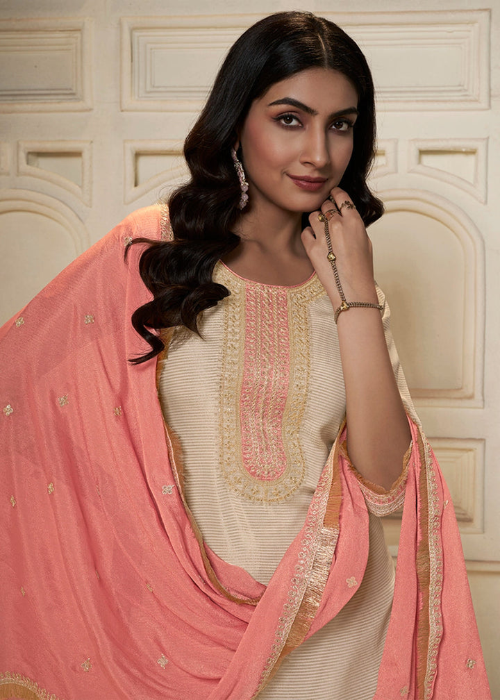 Off White & Pink Tissue Suit Adorned with Sequins Embroidery - House of Sarvati LLC