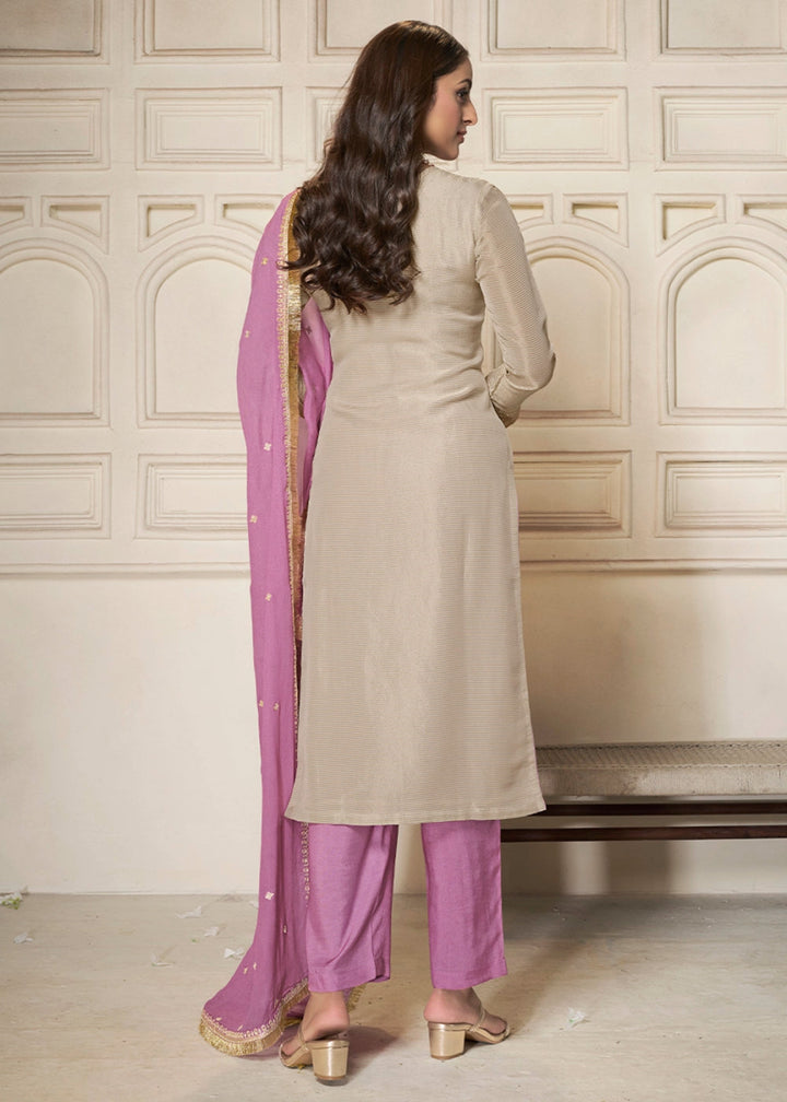 Off White & Purple Tissue Suit Adorned with Sequins Embroidery - House of Sarvati LLC