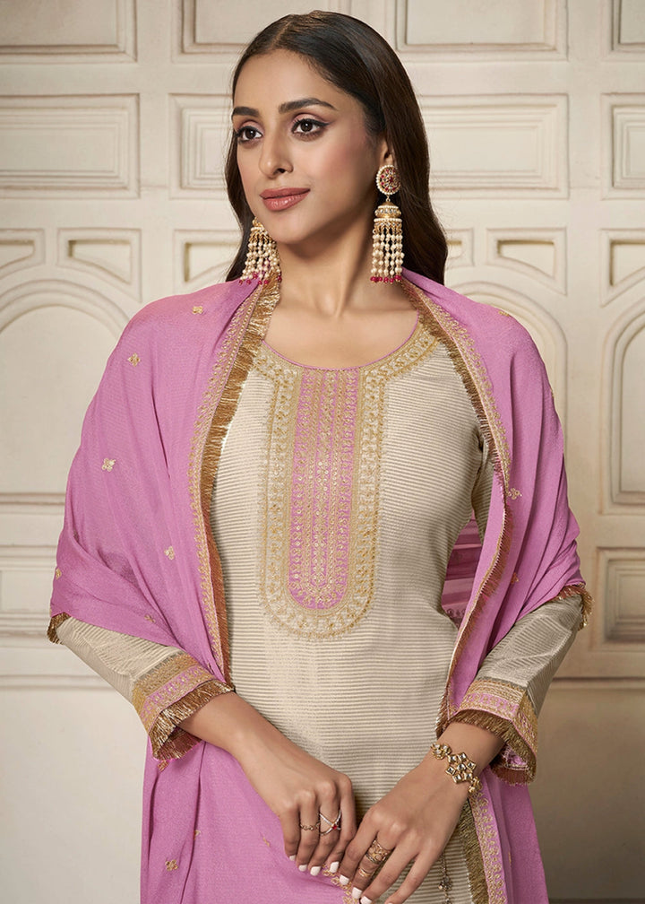 Off White & Purple Tissue Suit Adorned with Sequins Embroidery - House of Sarvati LLC