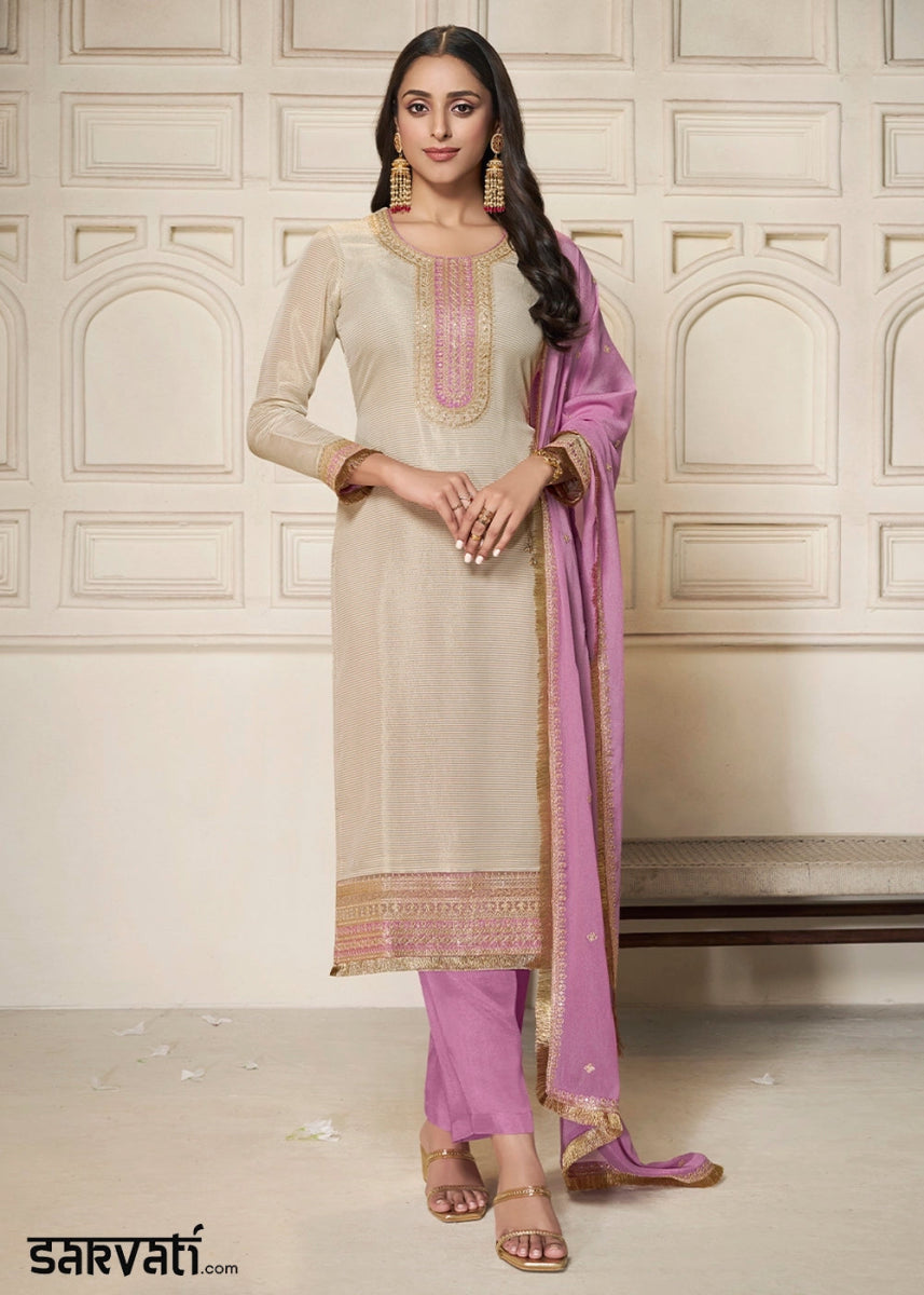 Off White & Purple Tissue Suit Adorned with Sequins Embroidery - House of Sarvati LLC