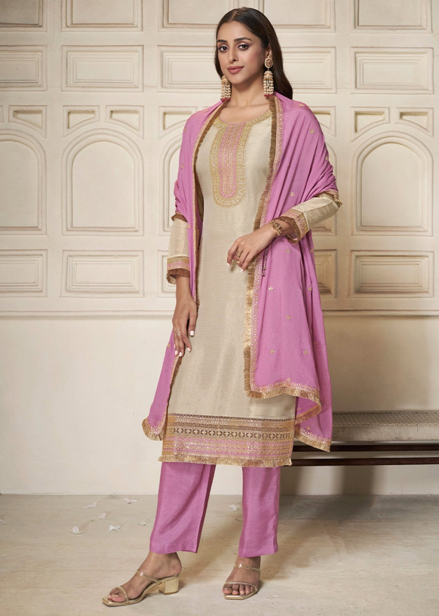 Off White & Purple Tissue Suit Adorned with Sequins Embroidery - House of Sarvati LLC