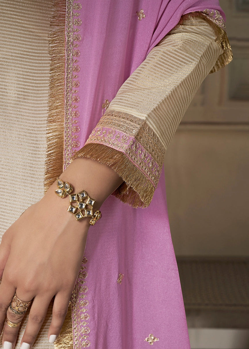 Off White & Purple Tissue Suit Adorned with Sequins Embroidery - House of Sarvati LLC