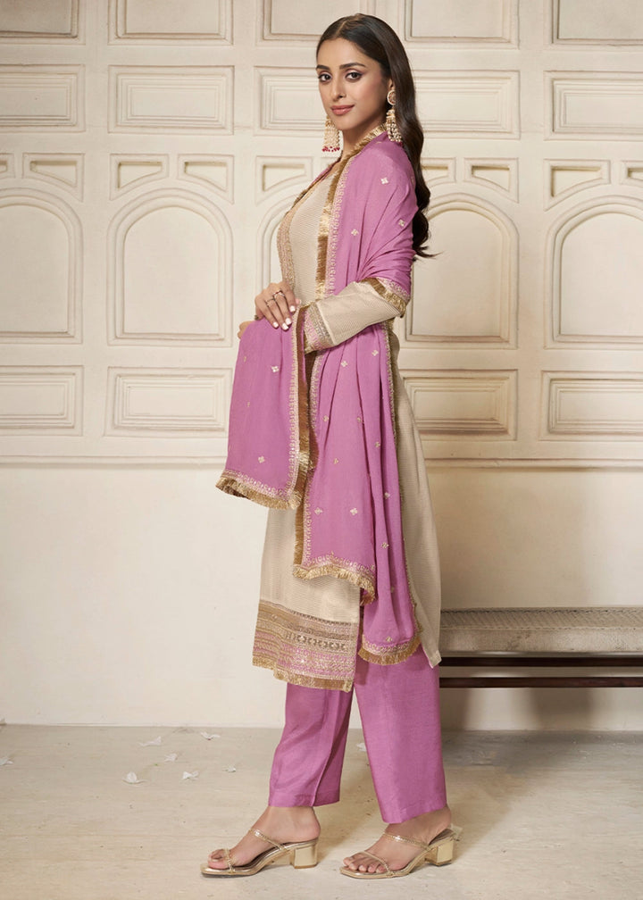 Off White & Purple Tissue Suit Adorned with Sequins Embroidery - House of Sarvati LLC