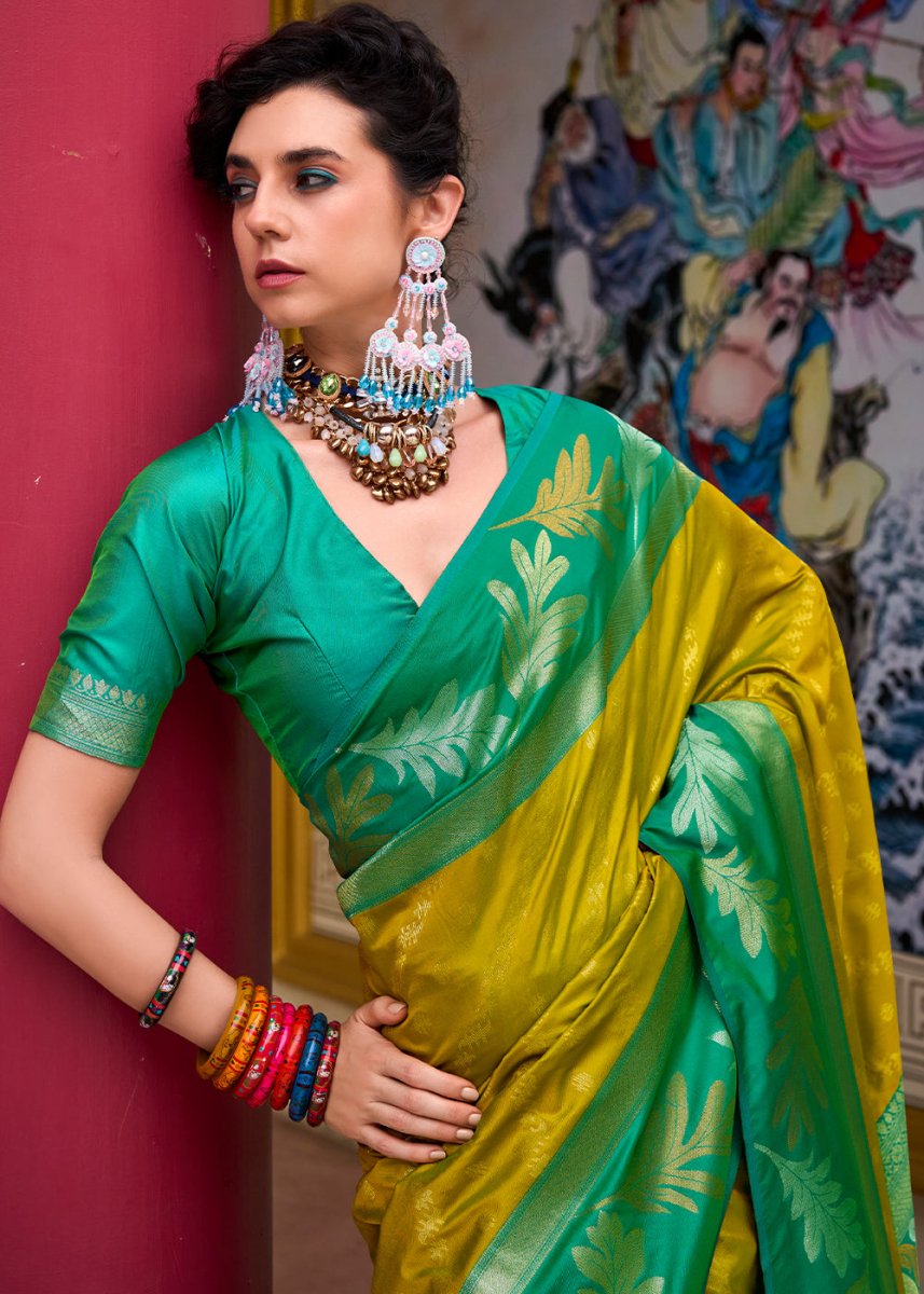 Olive Green Banarasi Silk Saree with Contrasting Pallu and Woven Zari - House of Sarvati LLC