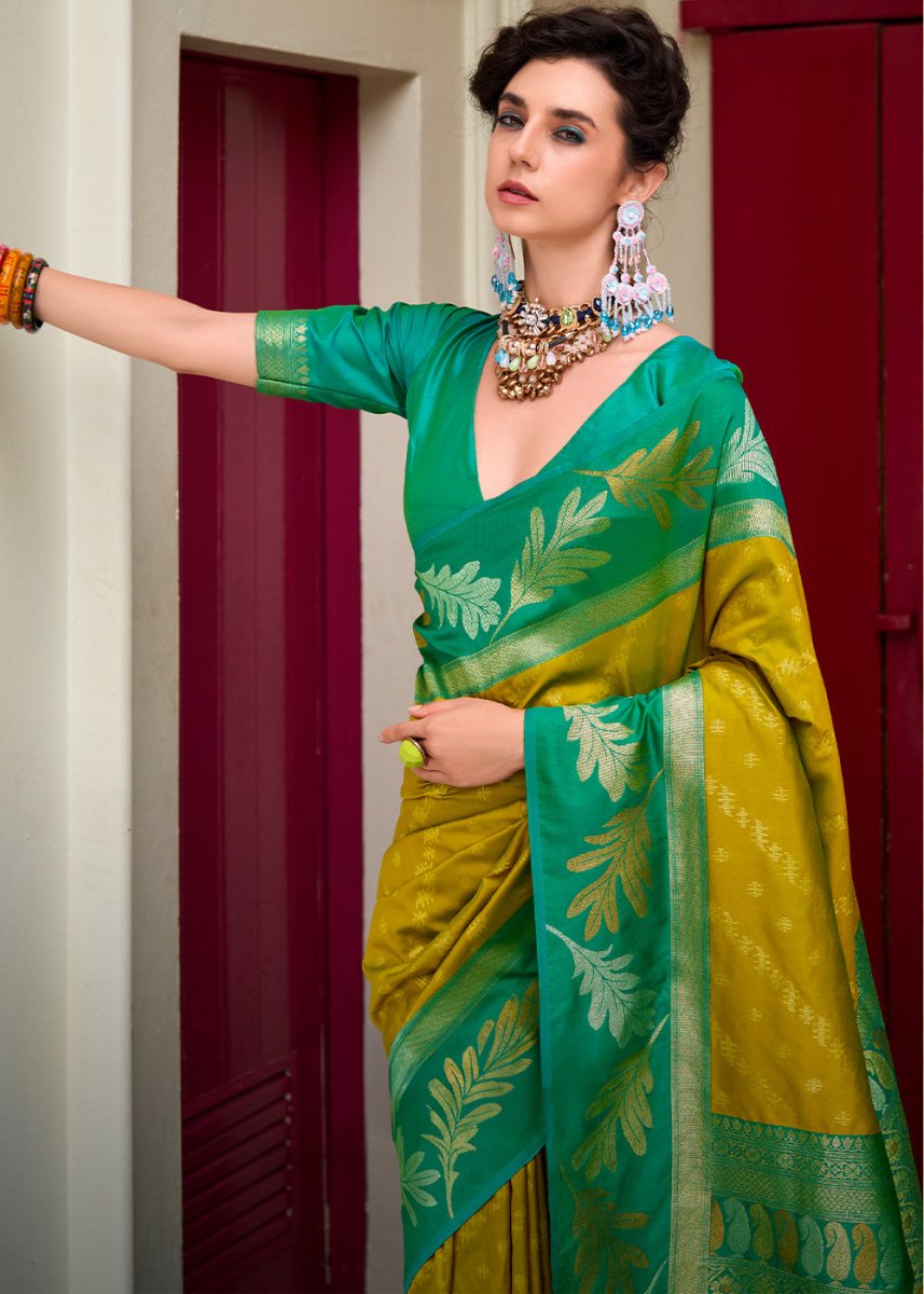 Olive Green Banarasi Silk Saree with Contrasting Pallu and Woven Zari - House of Sarvati LLC