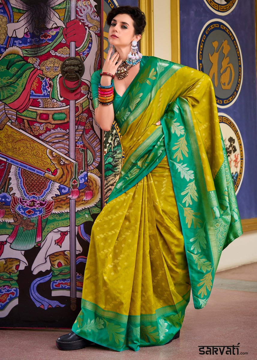 Olive Green Banarasi Silk Saree with Contrasting Pallu and Woven Zari - House of Sarvati LLC