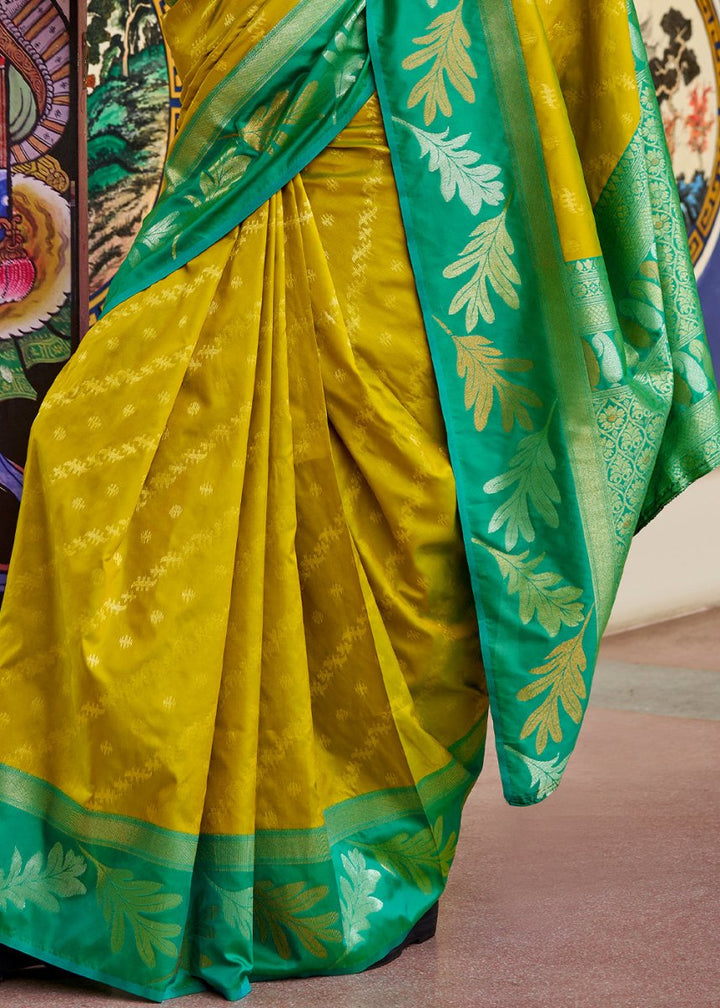Olive Green Banarasi Silk Saree with Contrasting Pallu and Woven Zari - House of Sarvati LLC