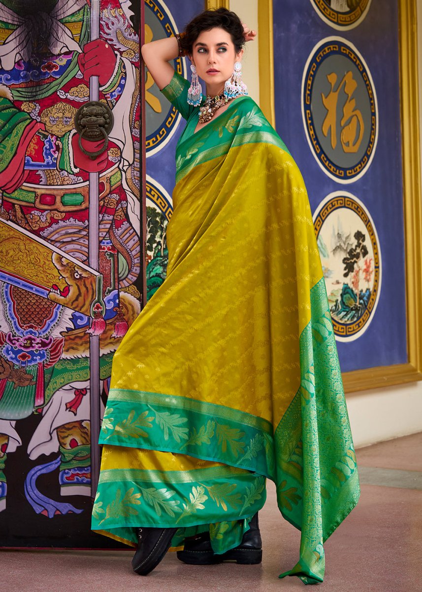 Olive Green Banarasi Silk Saree with Contrasting Pallu and Woven Zari - House of Sarvati LLC