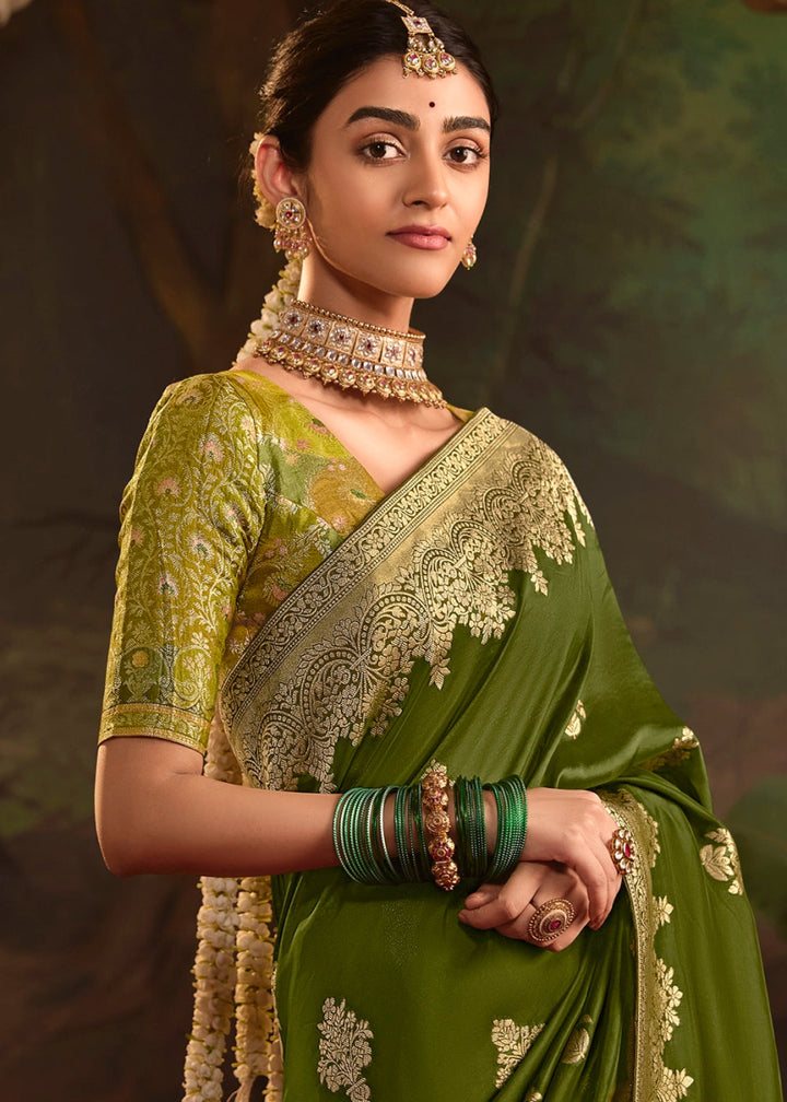 Olive Green Crepe Dola Silk Saree with Rich Zari Weaving - House of Sarvati LLC