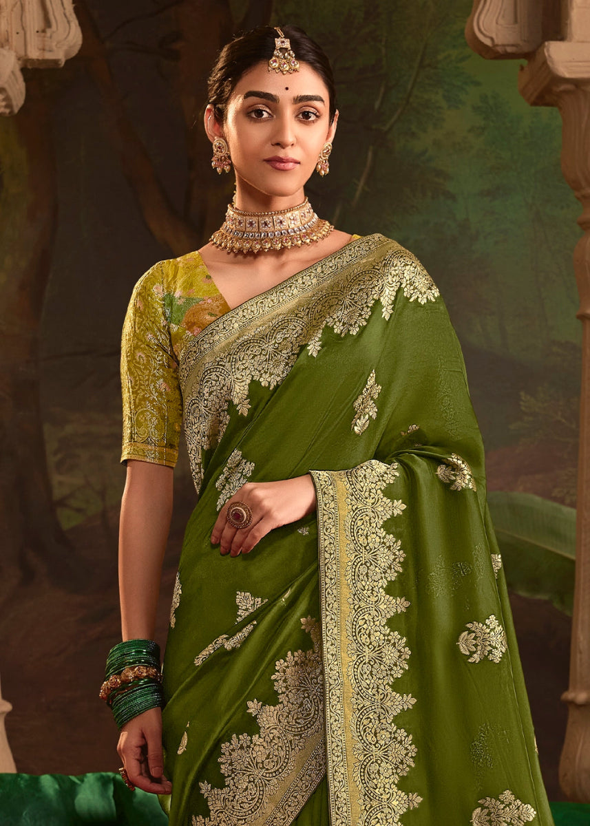 Olive Green Crepe Dola Silk Saree with Rich Zari Weaving - House of Sarvati LLC